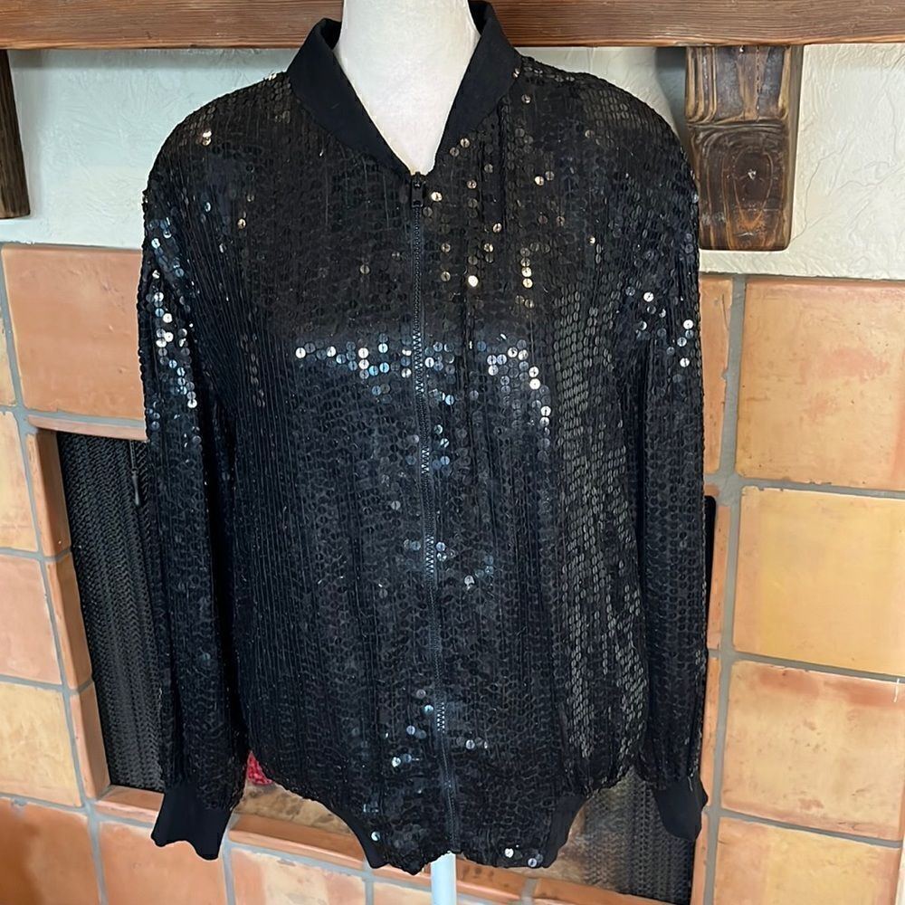 CEE CEE Black Silk/Sequin Zip-Up Balloon Sleeve Bomber, S!